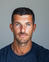 Fototapeta premium ID Photo for Passport : European adult man with straight short black hair and blue eyes, stubble, without glasses and wearing a navy t-shirt