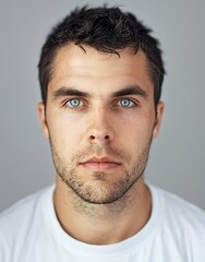 Obraz premium ID Photo for Passport : European adult man with straight short black hair and blue eyes, stubble, without glasses and wearing a white t-shirt