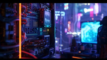 A computer monitor and a computer tower are lit up in neon colors