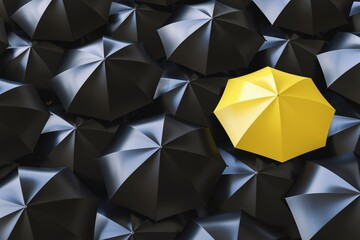 Different yellow  umbrella in black umbrellas 