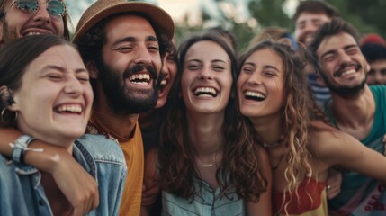 Close-up of a group of friends linking arms and singing along at a summer festival, their smiles infectious