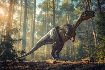 Huge dinosaur in a prehistoric forest at sunset.