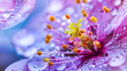 Closeup of dew on the petals and yellow stamens of an violet flower, macro photography, vibrant...
