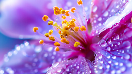 Closeup of dew on the petals and yellow stamens of an violet flower, macro photography, vibrant colors, water droplets on petal surface
