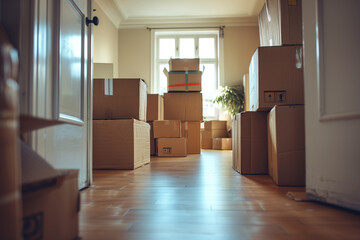 Happy family unpacking boxes in new home on moving day.