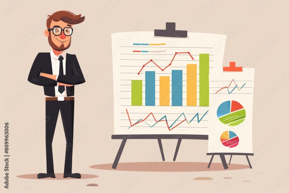 Poster a man standing in front of a board with various graphs, suitable for business presentations