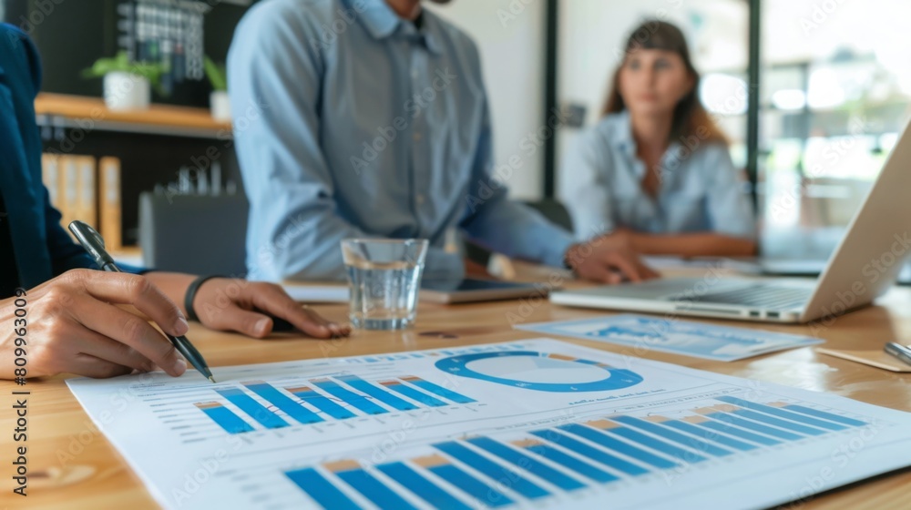 Poster colleagues gather around a table reviewing bar graphs and reports, engaging in strategic financial p