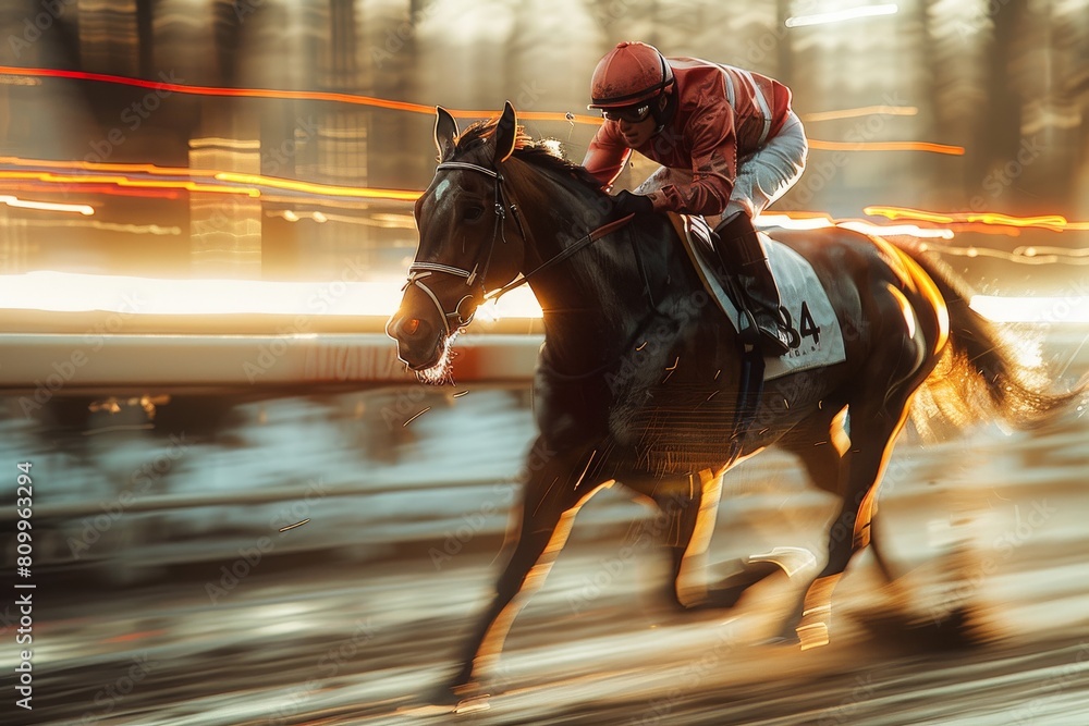 Poster a dynamic image capturing a jockey in focused race action on horseback, streaked with motion light t