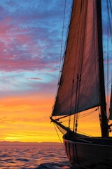 Close-up of a single sailboat silhouetted against a vibrant sunset, its sails reflecting the warm light of the fading day