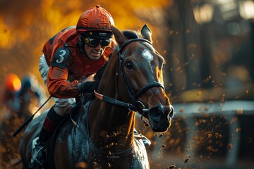 In this striking image, a horse and jockey duo race fiercely, kicking up mud, embodying speed and competition
