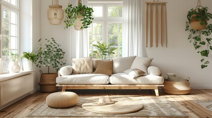 Cozy Scandinavian sunroom with a soft sofa, light wood floors, white walls, and hanging plants creating a serene space