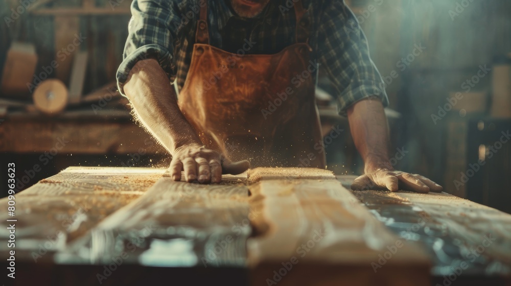 Wall mural close up man owner a small furniture business is preparing wood for production. carpenter male is ad