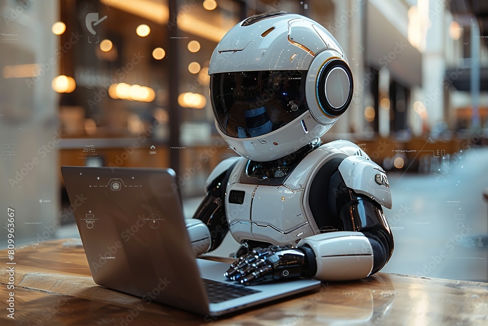 Poster robot humanoid use laptop and sit at table for global network connection free space for text