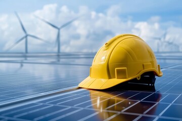 Yellow safety helmet on solar panels against the background of wind generators, green energy