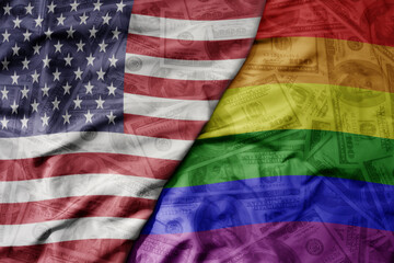 big waving colorful flag of united states of america and rainbow gay pride flag on the dollar money...
