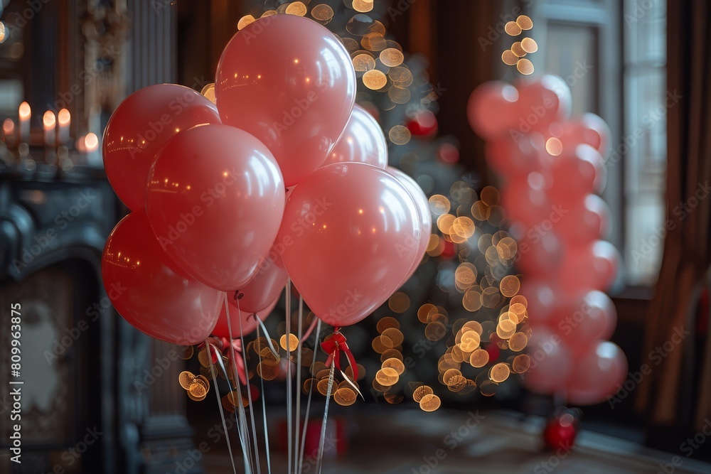 Poster in a room of opulence, clusters of red balloons add vibrant color contrast to the soft bokeh backgro