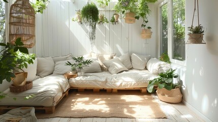 Cozy Scandinavian sunroom with a soft sofa, light wood floors, white walls, and hanging plants creating a serene space