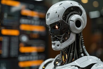 Fototapeta premium cyborg robot machine futuristic technology artificial science computer ai head face white android man intelligent