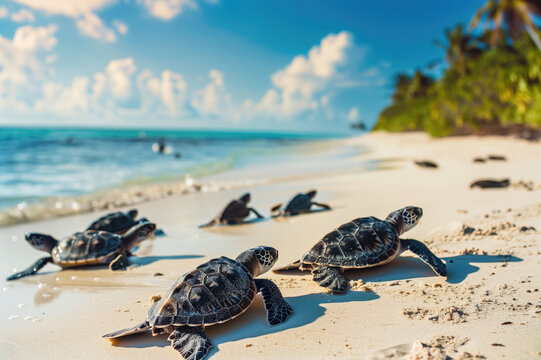 Many newborn baby sea turtles on sandy beach heading to the water