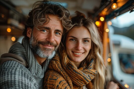 An intimate shot of a couple with content smiles, warmly dressed, embracing each other in a bohemian-style camper van setting - Powered by Adobe