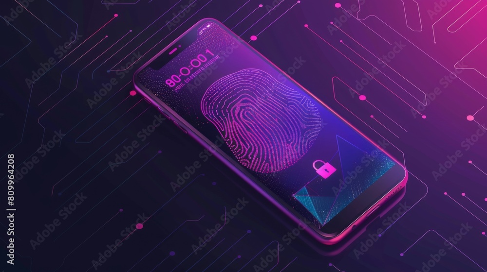 Poster a smartphone on a dark surface with a glowing fingerprint pattern indicating access security.
