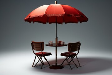 Chic outdoor bistro setup featuring a red umbrella and two chairs, conveying urban sophistication