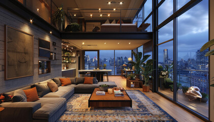 A large, modern living room with a view of the city by AI generated image