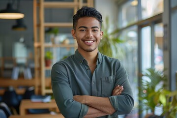 Portrait of smiling young multiethnic man looking at camera with crossed arms. Successful latin business woman standing in modern office with copy space. Young university hispanic boy with smile.