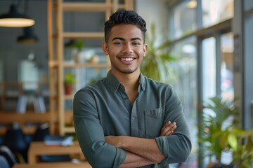 Obraz premium Portrait of smiling young multiethnic man looking at camera with crossed arms. Successful latin business woman standing in modern office with copy space. Young university hispanic boy with smile.