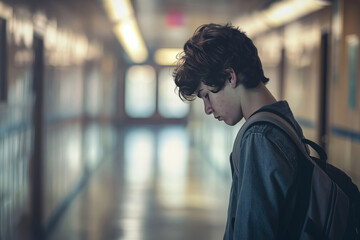 Fototapeta premium Sad, lonely and depressed teen age boy at school, frustrated after bullying. Mental health, tired and unhappy student in the corridor after problem in class, education fail and social isolation.
