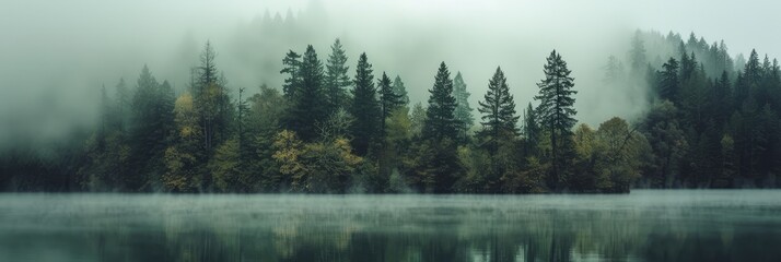 Misty Forest Lake View on Foggy Morning