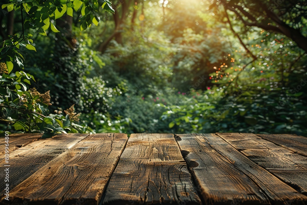 Poster a captivating display montage set against an empty wood table backdrop, enhanced by a beautiful gree