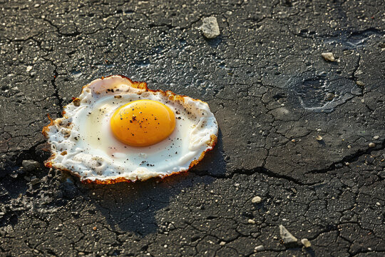 Sunny-side-up eggs fried on the hot asphalt. Heat wave and unbearable weather conditions in a city. Climate change concept.