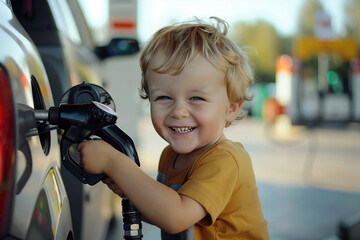 Adorable preschooler boy holding pump nozzle at gas station. Happy kid helping to fuel the car - obrazy, fototapety, plakaty