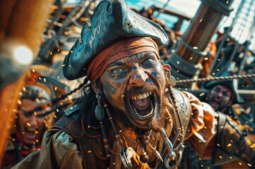Fototapeta premium High Seas Chaos: A Gripping Scene of Pirates Screaming and Fighting During a War on a Ship, Capturing the Essence of Conflict.