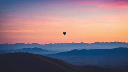 Fototapeta premium hot air balloon over mountains at sunset