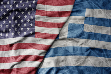 big waving colorful flag of united states of america and national flag of greece on the dollar...