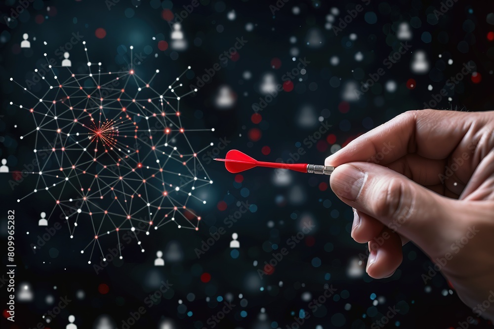 Poster a hand holding a red dart hitting a target with technology business communication connect networking