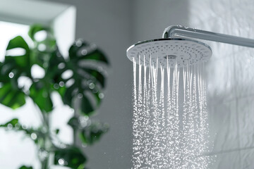 Water flowing from modern shower in the bathroom. - obrazy, fototapety, plakaty