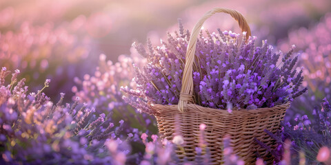 Fototapeta premium Bunch of lavender in the wicker basket on lavender field at sunset.