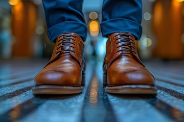 A detailed close-up of polished brown leather shoes worn by a person standing on a city sidewalk