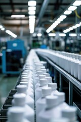 Rows of white cups on a conveyor belt, suitable for manufacturing or production concepts