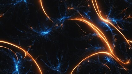 abstract light background A black background with a fractal pattern of electric sparks in blue and orange hues 