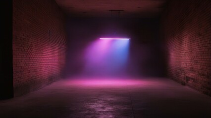light in the tunnel A neon-lit room with brick walls and a concrete floor. A spotlight shines on the empty space. Smoke  