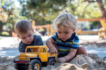 Two boys having fun playing together with toy truck in sand pit