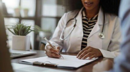 A healthcare professional in a white coat is jotting down notes on a clipboard during a patient consultation.