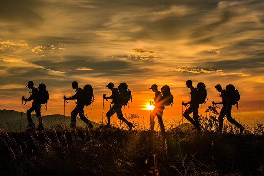 Multi-generational trek, family feet in harmony, across landscapes, from dawn till dusk, unity in every step 