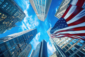 American flag and high modern buildings over the blue sky.
