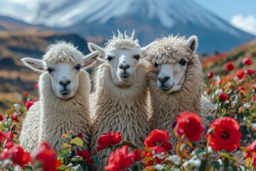 Fototapeta premium Three fluffy alpacas with playful expressions surround by bright red roses, against a distant snow-covered mountain