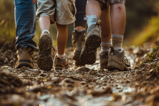 Multi-generational trek, family feet in harmony, across landscapes, from dawn till dusk, unity in every step 